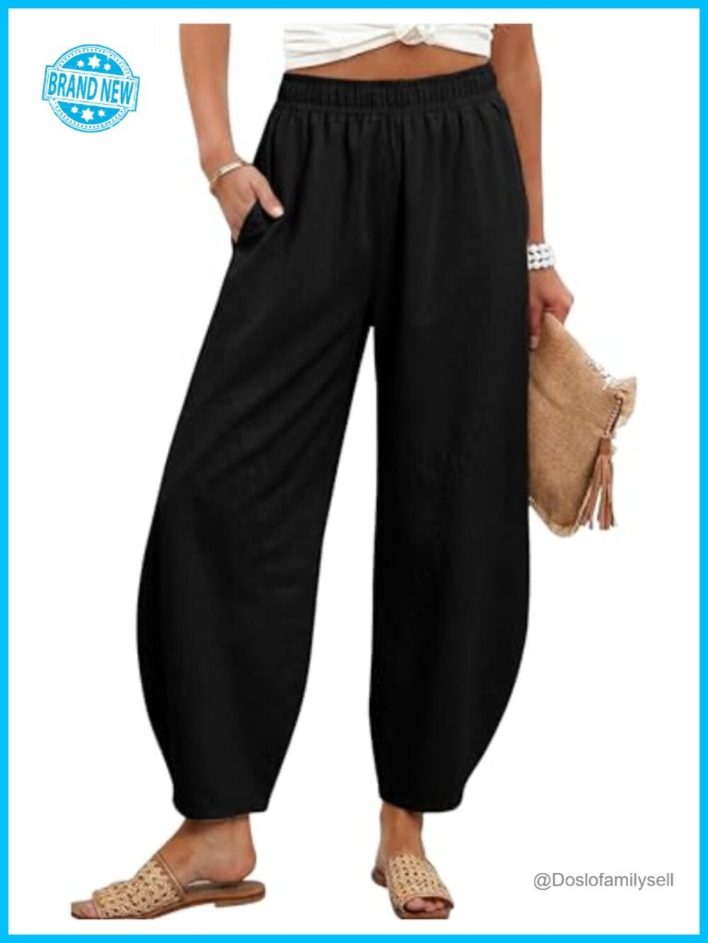 Women's High Elastic Waist Barrel Capri Pants Loose Fit Wide Leg Cotton Blend